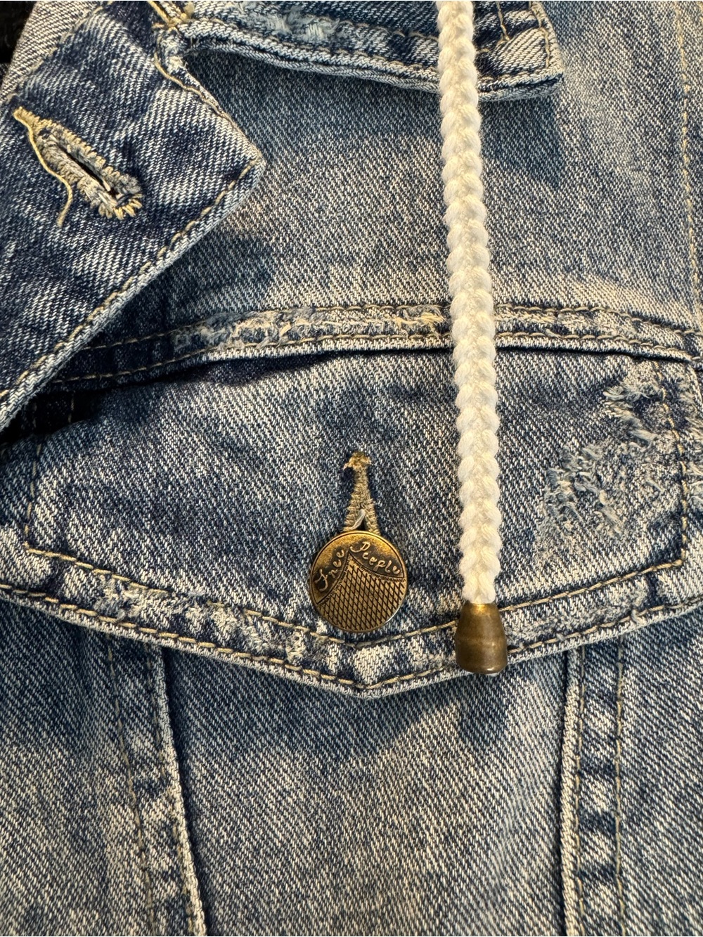 Free People Blue Denim Jacket with Gray Knit Hood & Sleeves - Picture 3 of 5
